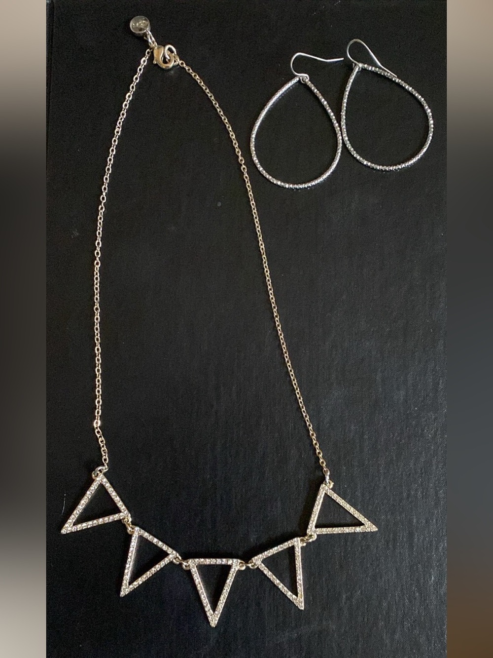 Rhinestone Triangle Pendant Necklace and Silver Teardrop Earrings